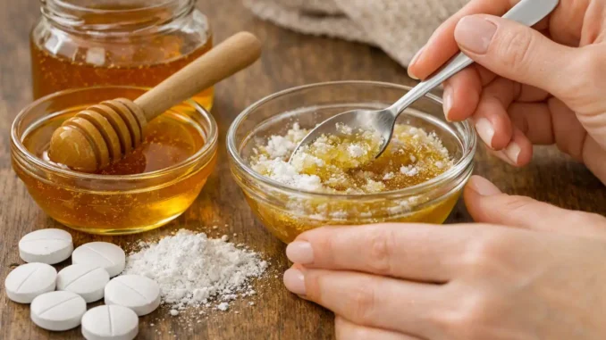 Aspirinas trituradas mezclándose con miel en un bowl de vidrio, preparando una mascarilla facial casera