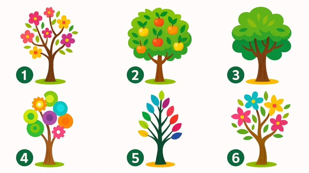 Seis árboles estilizados y coloridos (Árbol con flores, Árbol con frutos, Árbol frondoso). Test de personalidad y psicología para elegir el árbol y descubrir tu crecimiento.