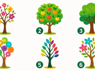 Seis árboles estilizados y coloridos (Árbol con flores, Árbol con frutos, Árbol frondoso). Test de personalidad y psicología para elegir el árbol y descubrir tu crecimiento.