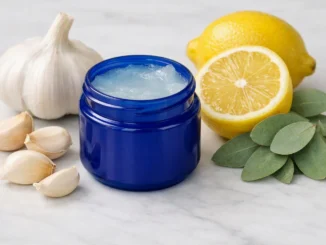 Frasco azul de ungüento mentolado junto a ajo y limón sobre mármol, ilustrando usos alternativos caseros
