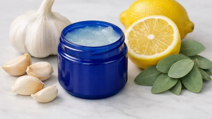 Frasco azul de ungüento mentolado junto a ajo y limón sobre mármol, ilustrando usos alternativos caseros