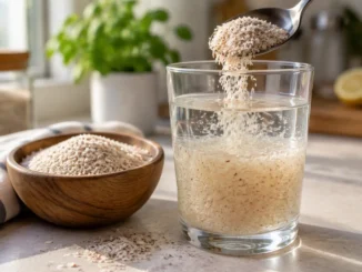 Cucharada de cáscara de psyllium cayendo en un vaso de agua, junto a un bowl de madera con más fibra, sobre una mesada de cocin