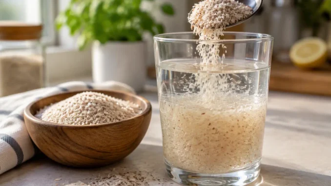 Cucharada de cáscara de psyllium cayendo en un vaso de agua, junto a un bowl de madera con más fibra, sobre una mesada de cocin